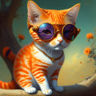 Orange and White Striped Cartoon Cat with Sunglasses and Gold Chain Necklace among Flowers