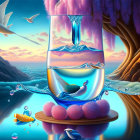 Colorful surreal artwork: Glass of water with diverse ecosystems in vibrant hues