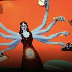 Surreal illustration of woman with multiple arms in orange background