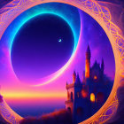 Fantasy Landscape with Swirling Portal, Cliff Castle, and Celestial Bodies