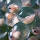 Woman in transparent bubble underwater with fish and glowing egg