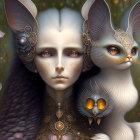 Fantasy humanoid figure with cat-like ears and jewelry, surrounded by glowing-eyed creatures