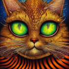 Detailed Vibrant Cat Illustration with Green Eyes & Whimsical Patterns