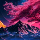 Surreal digital artwork: purple mountains, red planet, path to small structure