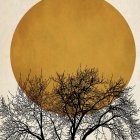 Whimsical painting featuring tree, house, gazebo, golden moon, and butterflies