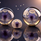 Translucent dandelion seed spheres on reflective surface with golden glow