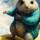 Anthropomorphic mouse in blue robe on cheese slice in cloudy sky with fish-like creatures.