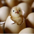 Stylized image of plump chick and birds with leaf-like wings