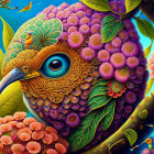 Vibrant digital artwork featuring stylized bird and flora on blue background