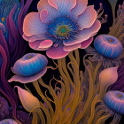 Colorful Stylized Flower Painting on Dark Background