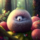 Whimsical painting of fuzzy creature with large eyes in mystical forest