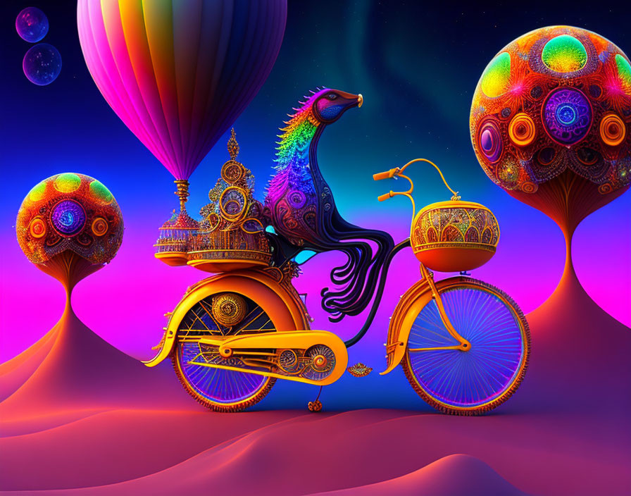 Colorful horse-drawn carriage and bicycle blend in cosmic scene with floating orbs