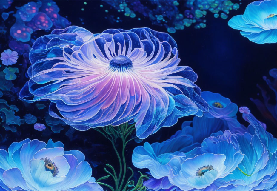 Luminescent oversized flower in blue and purple on dark background