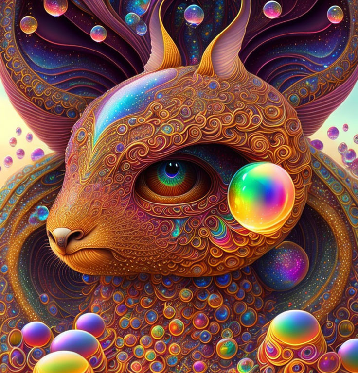 Vivid Stylized Cat Artwork with Cosmic Elements