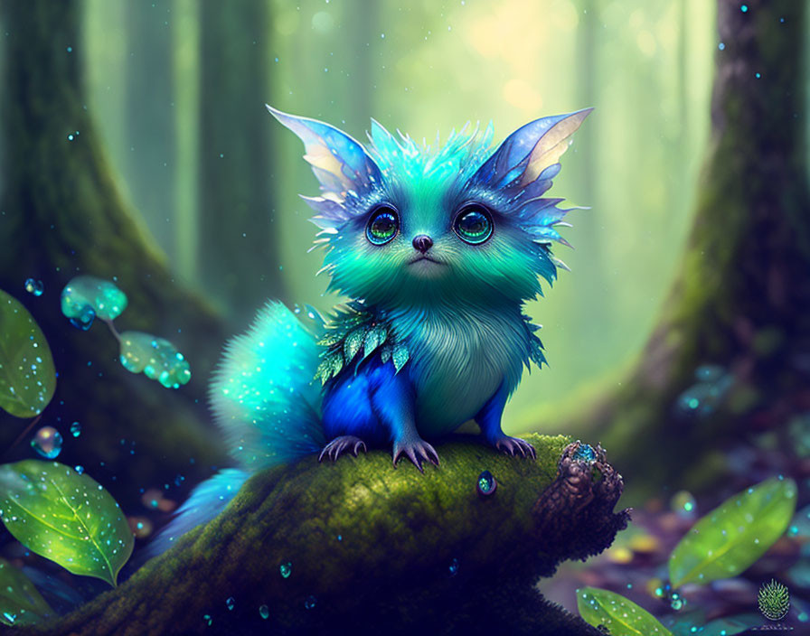 Blue creature with large eyes in lush forest setting surrounded by glowing light