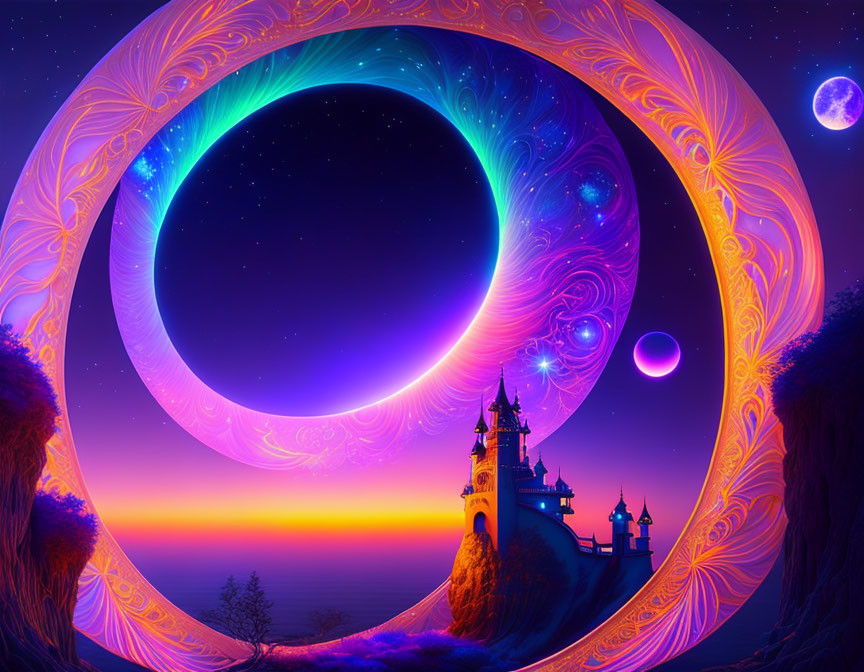 Fantasy Landscape with Swirling Portal, Cliff Castle, and Celestial Bodies