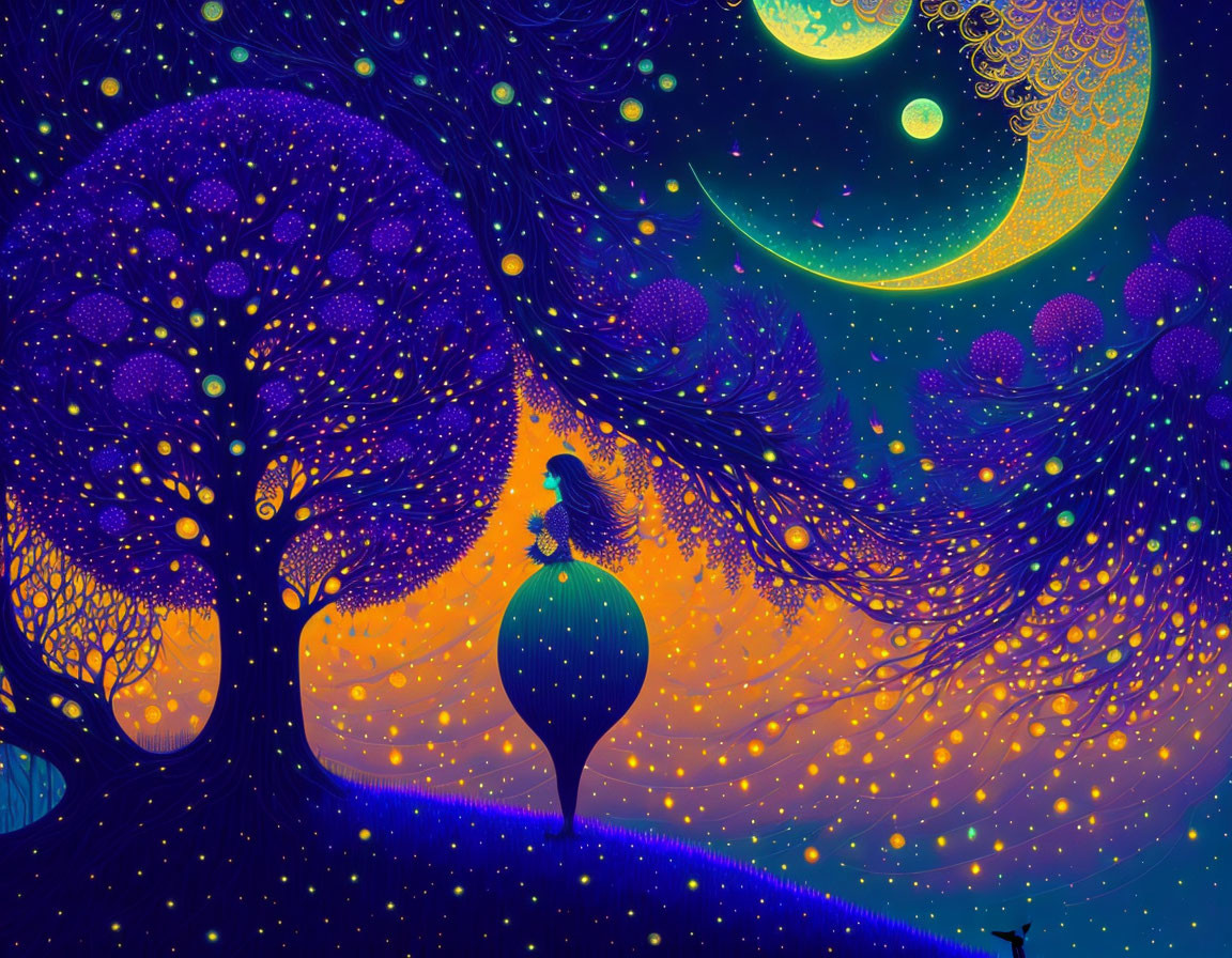 Colorful Whimsical Artwork of Lone Silhouette in Surreal Landscape