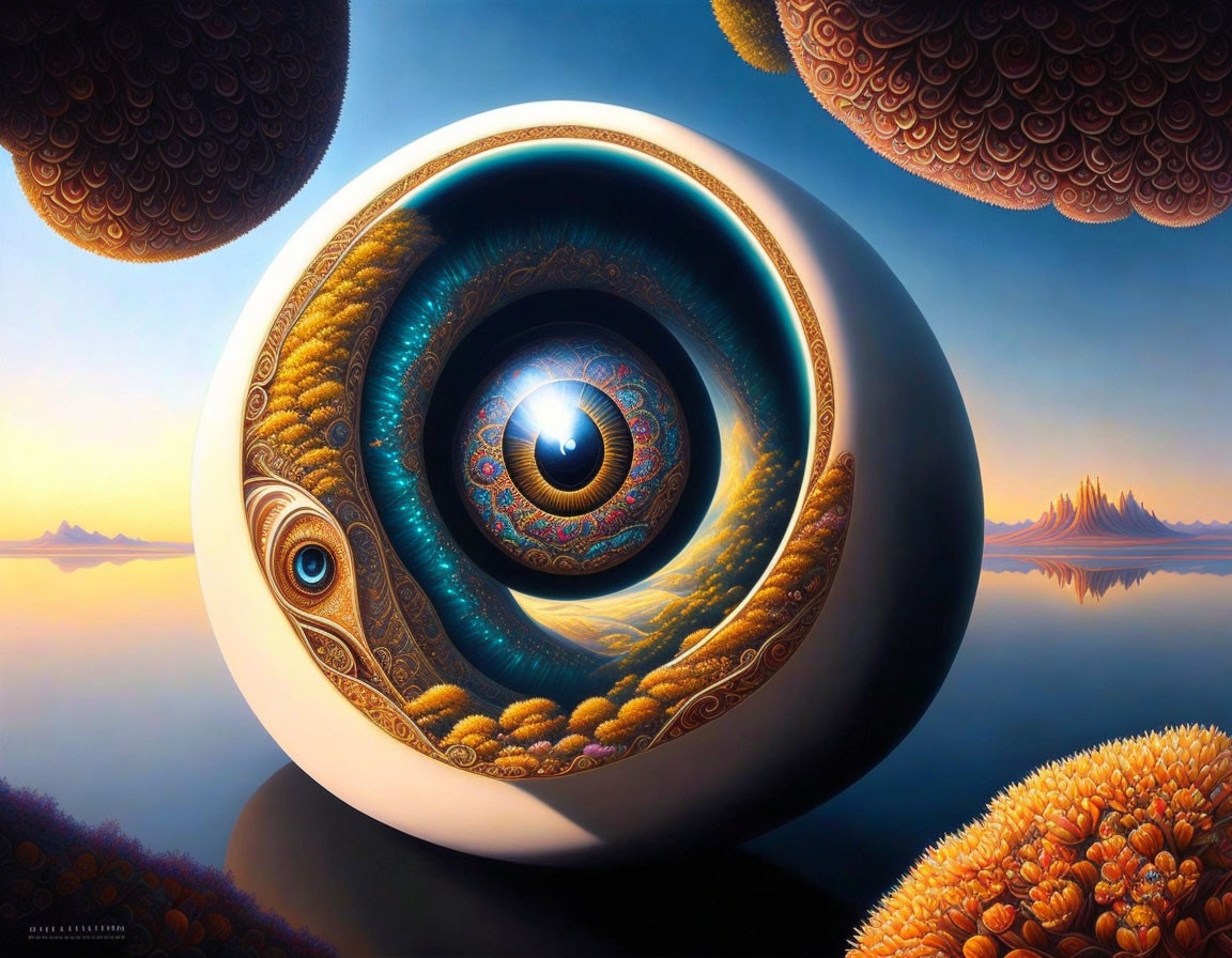 Surreal landscape with giant eye-shaped structure and intricate patterns