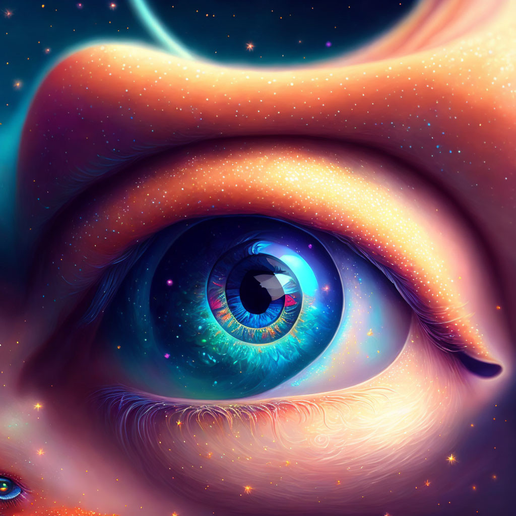 Eye with galaxy reflection in iris against cosmic background