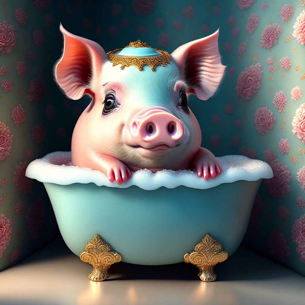 Adorable Piglet with Golden Crown in Vintage Bathtub on Floral Wallpaper