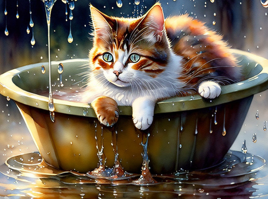 Calico cat relaxing in basin under pouring water