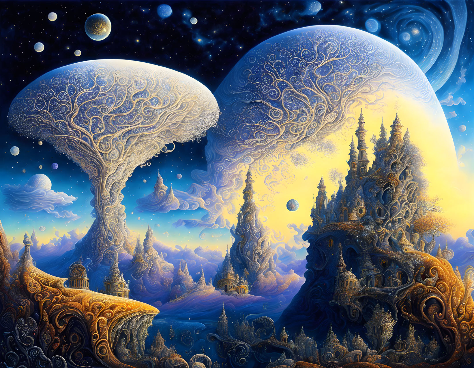 Fantastical landscape with ornate tree-like structures and floating islands