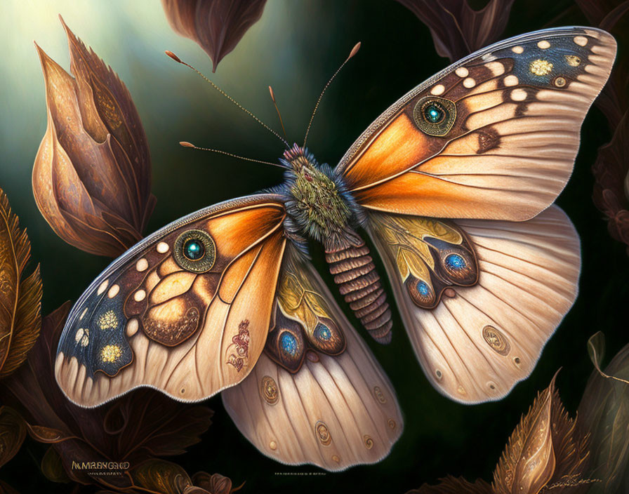 Detailed Close-Up of Butterfly with Intricate Wing Patterns and Leafy Background