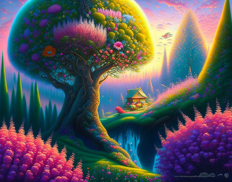 Colorful fantasy landscape with waterfall, tree, and small house in surreal light