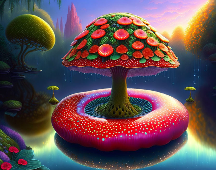 Fantasy landscape with giant strawberry mushroom and exotic plants