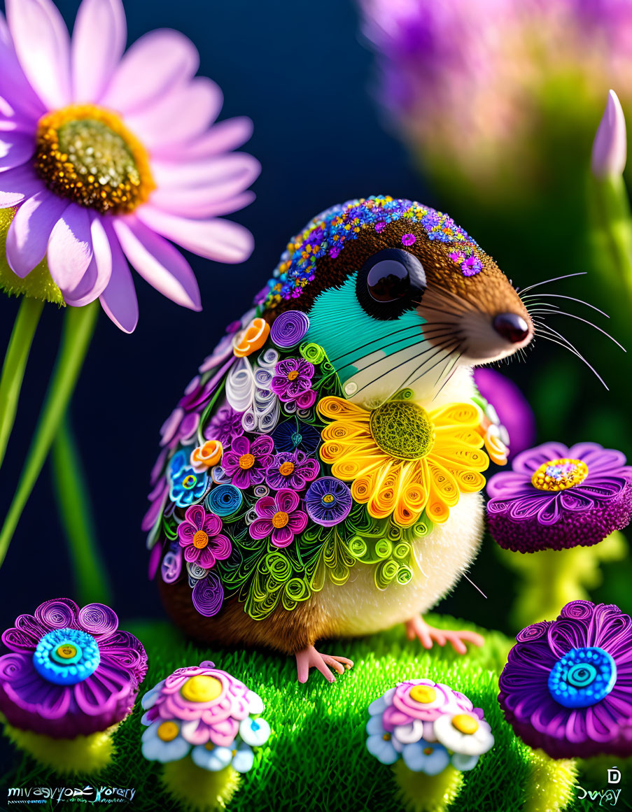 Whimsical otter-like creature with flower-patterned fur in colorful flora against dark backdrop