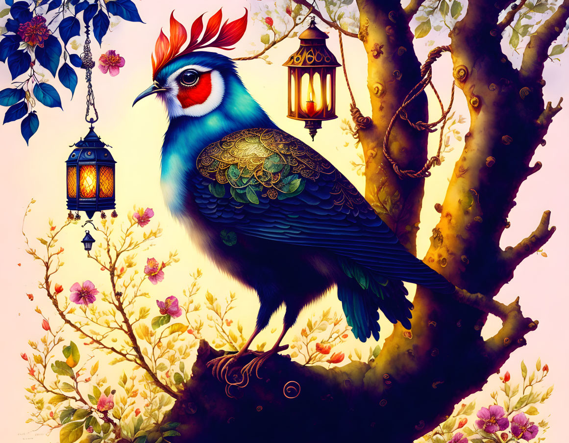 Fantastical bird with blue plumage and red crest perched among lanterns and flora