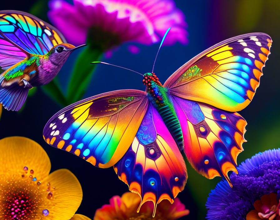 Colorful Butterfly and Hummingbird Artwork with Intricate Wing Patterns