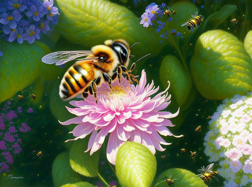 Detailed image: Bumblebee on pink flower with greenery and flying bees