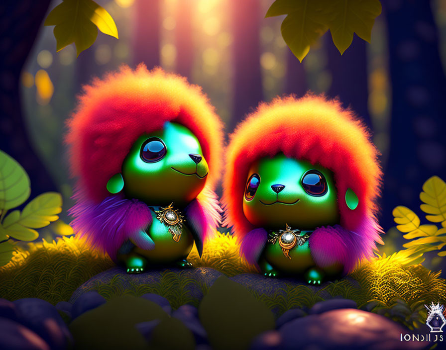 Colorful creatures with vibrant fur in mystical forest