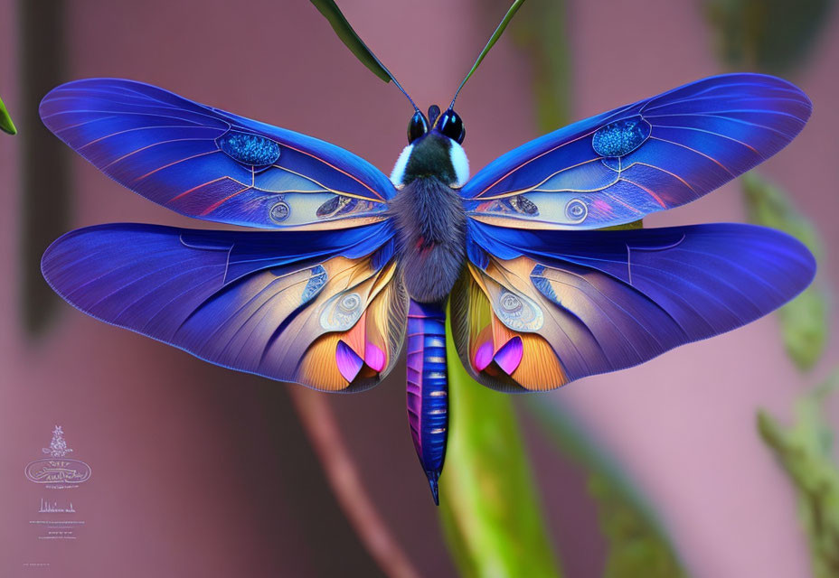 Colorful Butterfly with Blue and Purple Wings on Thin Branch