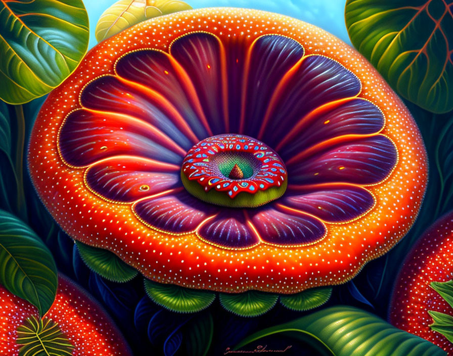 Colorful surreal illustration of large flower-like entity in lush green foliage