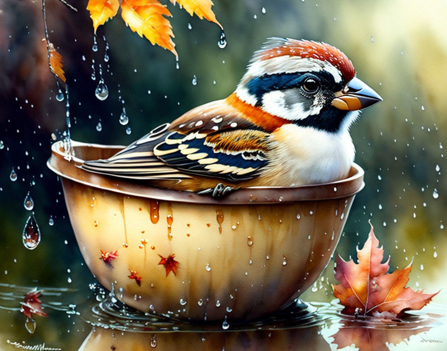 Colorful Bird in Yellow Bowl Surrounded by Autumn Leaves