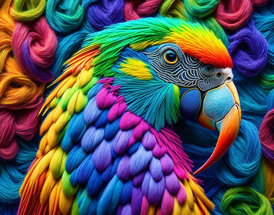 Colorful Parrot Close-Up with Vibrant Yarn Texture