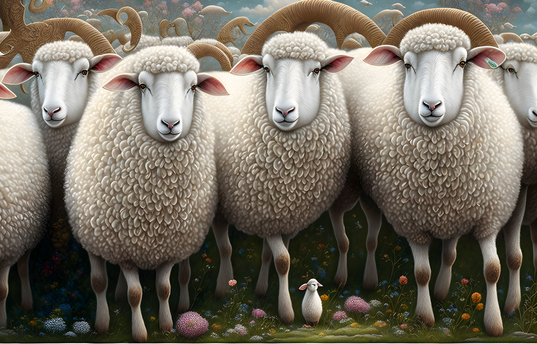 Surreal artwork: Five oversized sheep with horns in lush meadow