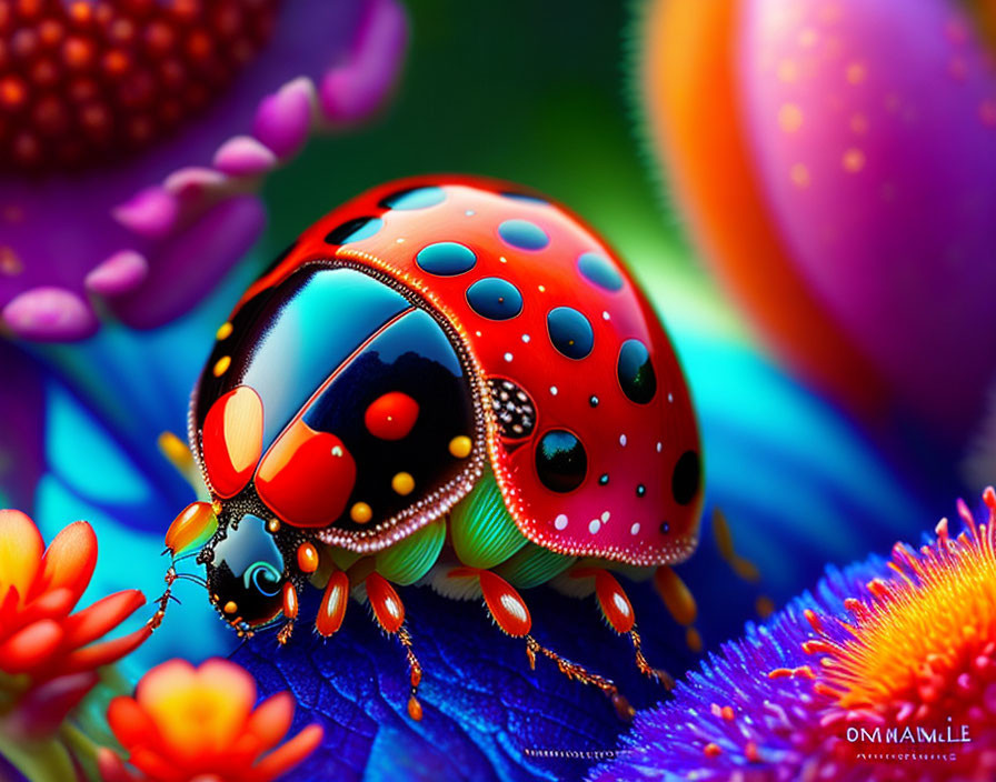 Detailed Close-Up of Red and Black Ladybug Among Colorful Flowers