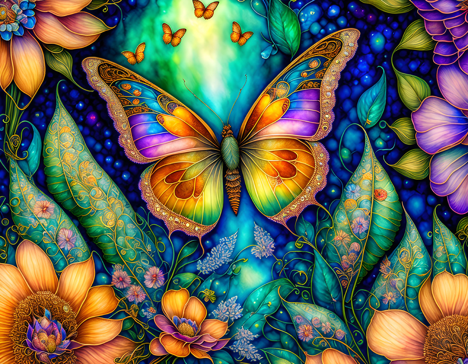 Colorful Butterfly Artwork with Flowers and Sky