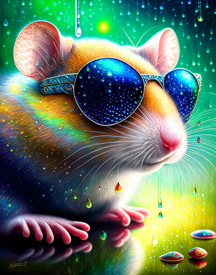 Colorful Cosmic Sunglasses Mouse Illustration with Multicolored Droplets