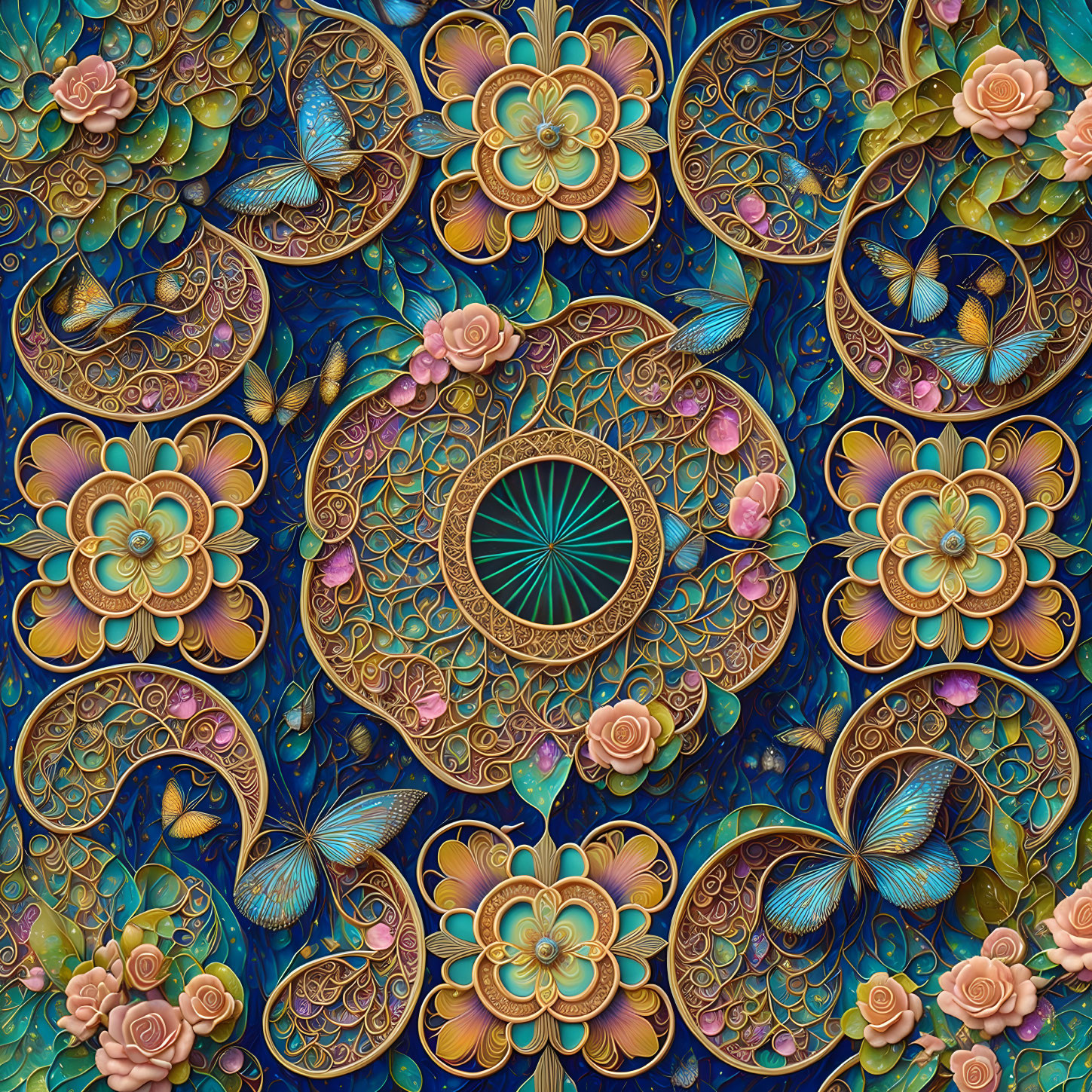 Colorful Mandala Pattern with Floral and Butterfly Elements in Blues, Golds, and Pinks