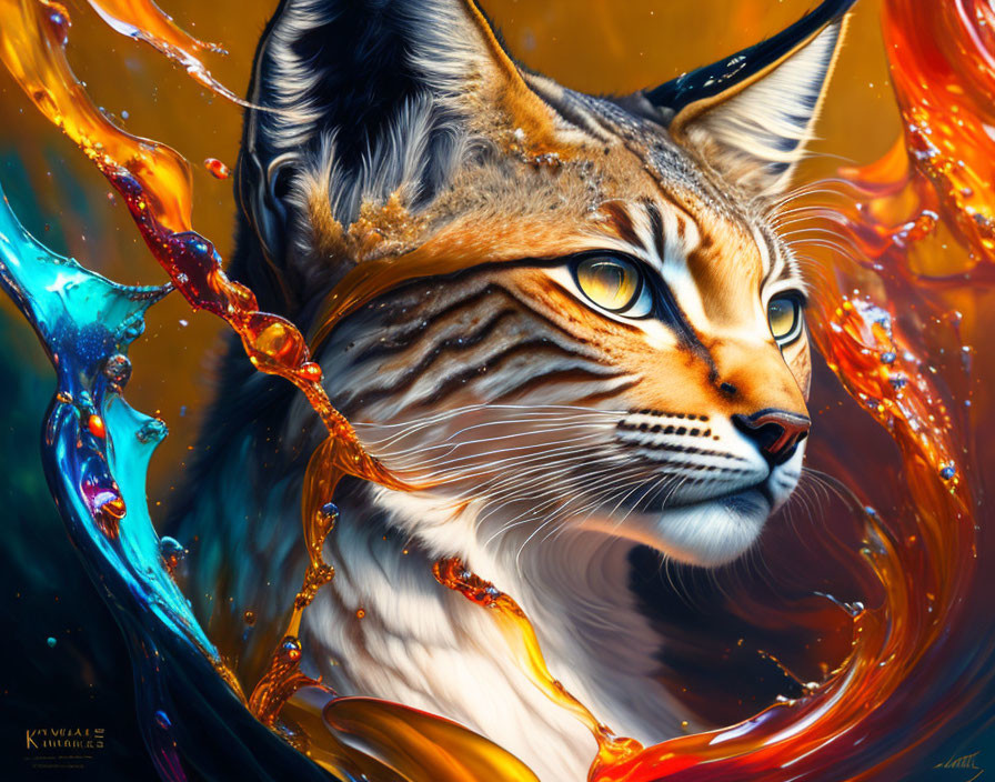 Colorful digital art featuring a caracal with dynamic liquid splash.