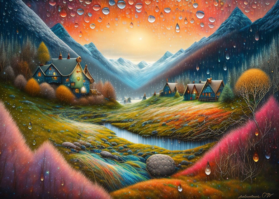 Idyllic landscape painting: houses, hills, stream, mountains, rain droplet overlay