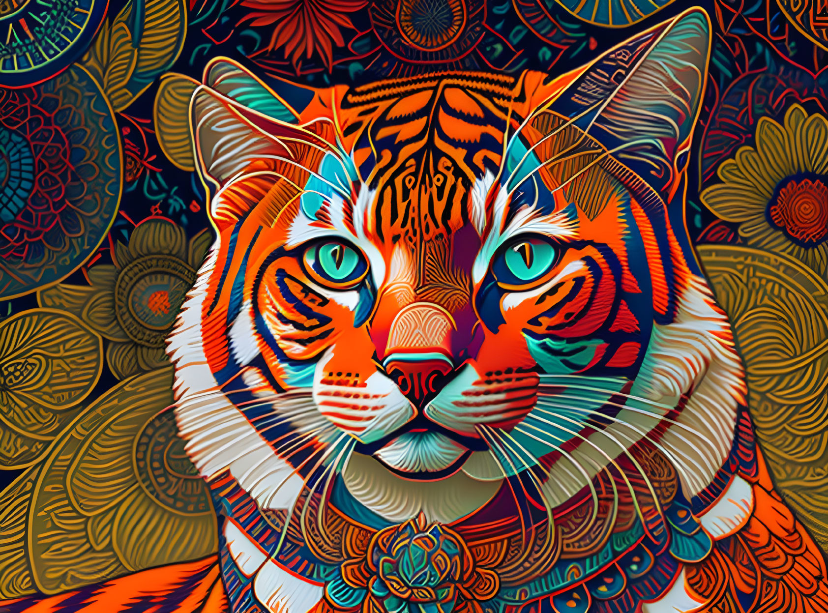 Colorful stylized cat illustration with intricate patterns and ornate background