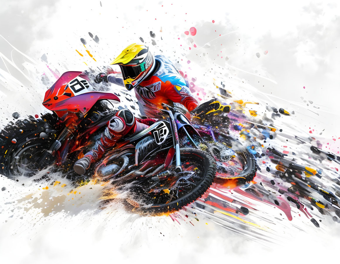 Colorful motorcyclists in racing gear amidst dynamic paint effects.