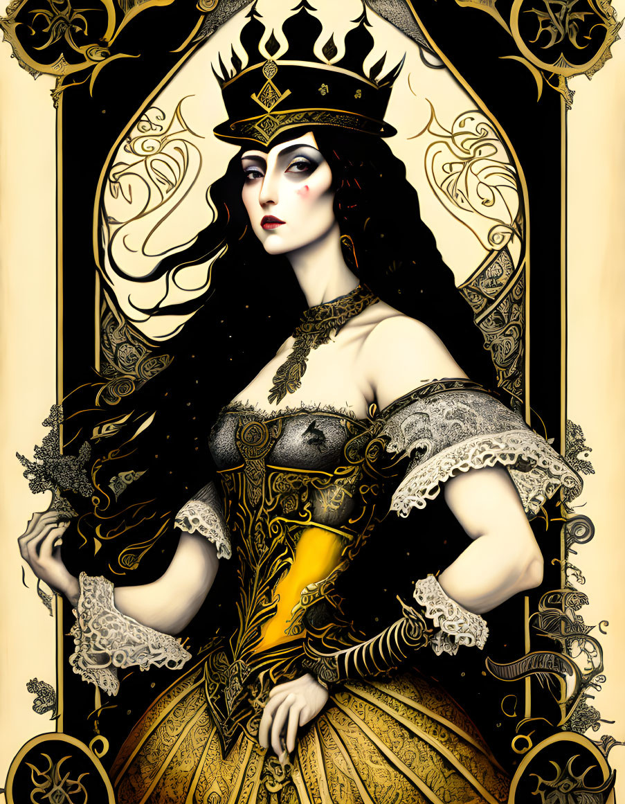 Pale-skinned queen in ornate crown and regal attire against art nouveau background