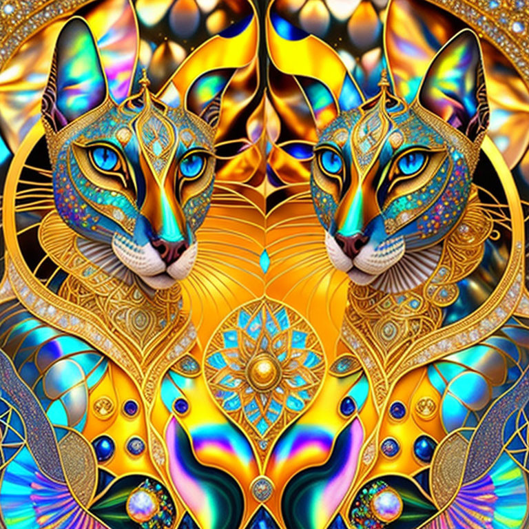 Majestic twin cats digital art with intricate patterns and fiery backdrop