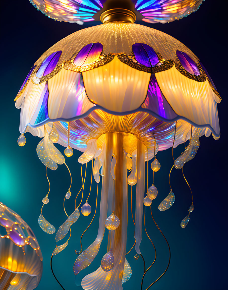 Golden and Purple Jellyfish Design Chandelier on Blue Background